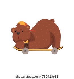 Skateboarder bear riding on skateboard in lying position. Wild animal with brown fur, small ears and paws with claws. Grizzly in cap and bow tie. Flat vector design