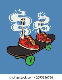 Pies óseos de patineta en zapatillas de humo. Ilustración aislada de vectores deportivos de verano.