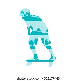 Skateboarder boy with helmet vector background concept made with forest trees fragments isolated on white