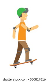 Skateboarder boy in protective equipment and green helmet riding skateboard. Skateboard wearing protective gear. Summer vacation, healthy lifestyle, leisure activities isolated illustration