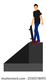 Skateboarder boy in skate park air jump trick vector illustration isolated on white background. Skateboard man outdoor urban danger action. Skate park sport recreation. Extreme sport game.