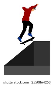 Skateboarder boy in skate park air jump trick vector illustration isolated on white background. Skateboard man outdoor urban danger action. Skate park sport recreation. Extreme sport game.