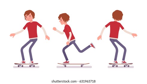 Skateboarder boy, wearing jeans and long sleeve, smiling teen riding and performing tricks in motion, youth action outdoor sport, vector flat style cartoon illustration isolated on white background