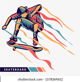 Skateboarder colorful artwork jumping with motion effect