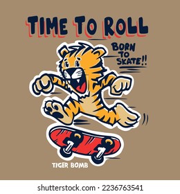 skateboarder cute tiger illustration for t shirt printing