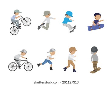 Skateboarder, Cyclist And Roller Skating Boy - Isolated On White Background - Vector Illustration, Graphic Design Editable For Your Design 