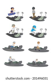 Skateboarder, Cyclist And Roller Skating Boy In Skate Park - Isolated On White Background - Vector Illustration, Graphic Design Editable For Your Design   
