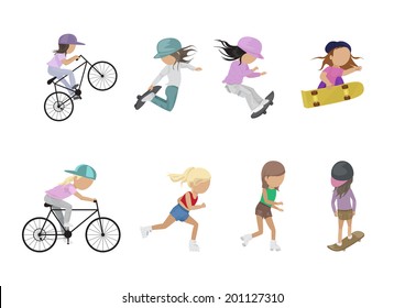 Skateboarder, Cyclist And Roller Skating Girl - Isolated On White Background - Vector Illustration, Graphic Design Editable For Your Design 