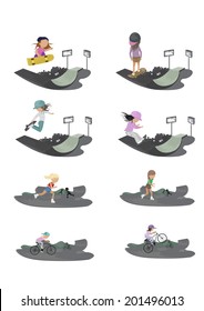 Skateboarder, Cyclist And Roller Skating Girl In Skate Park - Isolated On White Background - Vector Illustration, Graphic Design Editable For Your Design   