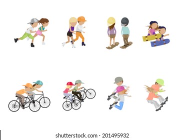 Skateboarder, Cyclist And Roller Skating People - Isolated On White Background - Vector Illustration, Graphic Design Editable For Your Design 