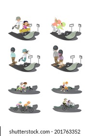 Skateboarder, Cyclist And Roller Skating People In Skate Park - Isolated On White Background - Vector Illustration, Graphic Design Editable For Your Design   