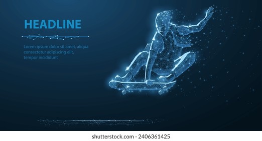 Skateboarder does an trick. Extremes sports. Skateboarding technology concept. Blue background. Abstract low pole style.