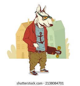 A Skateboarder Dog, vector illustration. Anthropomorphic bull terrier wearing street style clothes and holding a skateboard. An animal character with a human body. Humanized hipster dog. City dweller