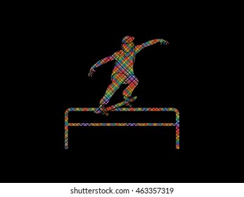 Skateboarder doing a grind on rail designed using colorful pixels graphic vector