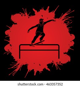Skateboarder doing a grind on rail designed on splatter blood background graphic vector