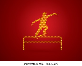 Skateboarder doing a grind on rail designed using geometric pattern graphic vector