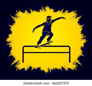Skateboarder doing a grind on rail designed on grunge frame background graphic vector