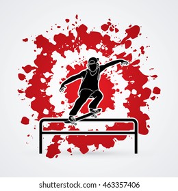 Skateboarder doing a grind on rail designed on splash blood background graphic vector