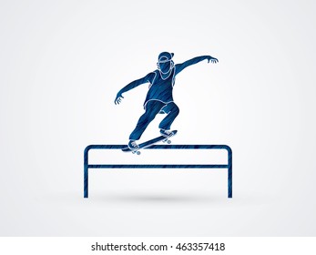 Skateboarder doing a grind on rail designed using blue grunge brush graphic vector