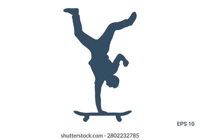 Skateboarder doing handstand stunt silhouette on skateboard creative action pose isolated vector illustration design