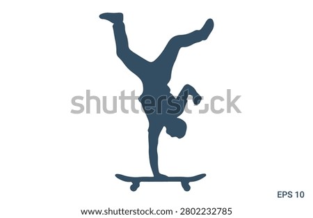 Skateboarder doing handstand stunt silhouette on skateboard creative action pose isolated vector illustration design