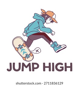 Skateboarder haciendo salto alto truco de Ilustración vectorial. Monopatinador que lleva el casquillo y la sudadera con capucha con el monopatín en el fondo aislado con el elemento alto del diseño del texto del salto.