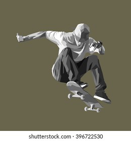 Skateboarder doing a jumping trick, low poly black-and-white vector illustration.