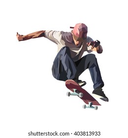 Skateboarder doing a jumping trick, low poly vector illustration.