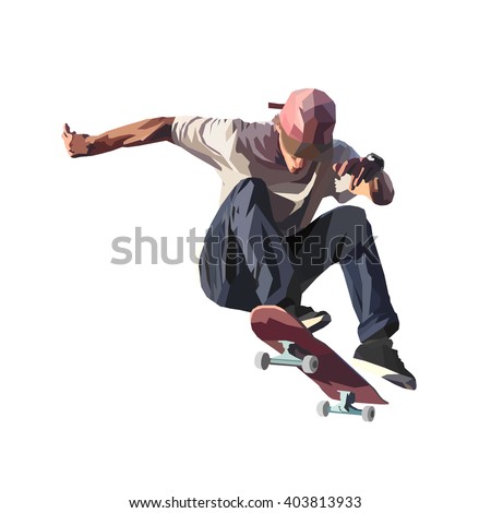 Skateboarder doing a jumping trick, low poly vector illustration.