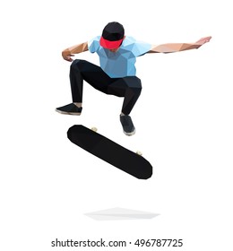 Skateboarder doing a jumping trick on skateboard. Low Poly Vector Illustration