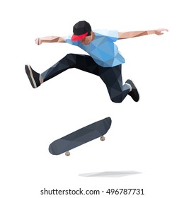 Skateboarder doing a jumping trick on skateboard. Low Poly Vector Illustration