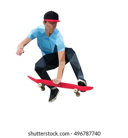 Skateboarder doing a jumping trick on skateboard. Low Poly Vector Illustration