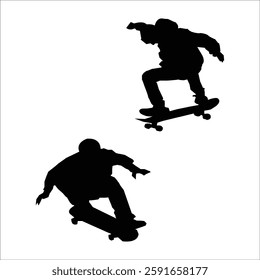 Skateboarder doing a trick black silhouette on white background