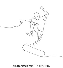 Skateboarder doing a trick one line art. Continuous line drawing sports, training, sport, leisure, teenager, doing tricks, street culture, subculture, urban, extreme, youth man, stadium.