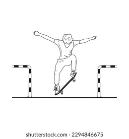 Skateboarder doing a trick with skateboard. Man playing skateboard for exercise and hobby. Sport concept. Hand drawn vector illustration.