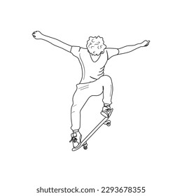 El patinador hace un truco con patineta. Persona jugando al skateboard para hacer ejercicio y pasatiempo. Concepto deportivo. Ilustración vectorial dibujada a mano.