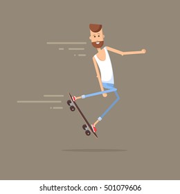 Skateboarder doing tricks on a skateboard. Vector hipster man character riding skateboard.