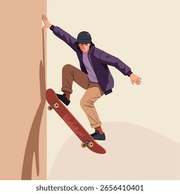 Skateboarder executing a trick on a wall