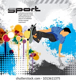 Skateboarder extreme jump, sport background