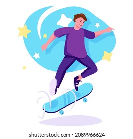 Skateboarder flat character concept for web design. Happy man skater riding skateboard, urban extreme sport activity, modern people scene. Vector illustration for social media promotional materials.