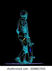 Skateboarder in full protection   helmet stands   holds skateboard Colorful line art sketch black background  Hand drawn vector illustration