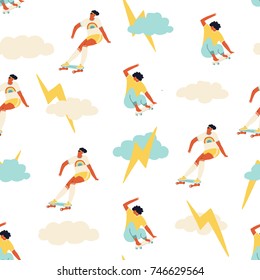 Skateboarder girl seamless pattern