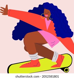 Skateboarder girl vector illustration. Colourful clothes, happiness and joy concept. Curly hair. 