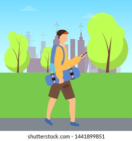 Skateboarder going outdoor, urban skater in park. Vector man holding skateboard, walkig boy using phone, person wearing casual clothes with backpack