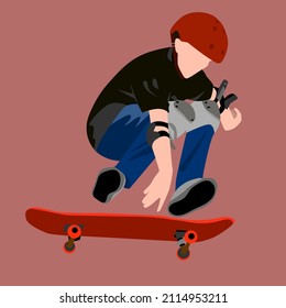 Skateboarder. The Guy Does A Trick And Bounces With A Skateboard. A Teenager In A Helmet Without A Face. Vector Flat Illustration.