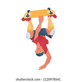 Skateboarder. The guy does a trick with a skateboard. The cool dude stand on one hand upside down. Isolated flat vector illustration.