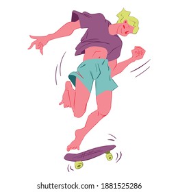 Skateboarder guy flat vector illustration. The guy dances on a skateboard, he’s excited. Used for flyer, banner, packing the goods, stickers.  Isolated character on white background.