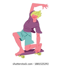 Skateboarder guy flat vector illustration. Guy goes on a skateboard and wavers, sends a greeting.  Used for flyer, banner, packing the goods, stickers.  Isolated character on white background.