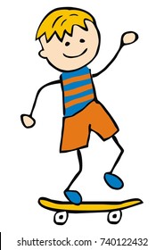 Skateboarder, happy boy, vector funny icon