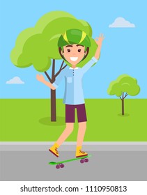 Skateboarder in helmet riding on skateboard vector cartoon style guy at park among green trees, happy skater learning to ride skate during summertime.